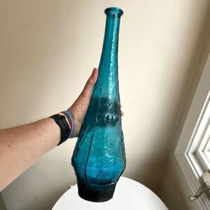 VTG MCM Italian EMPOLI Genie Bottle Decanter Teal Blue Embossed Fruit 15.5” x 5"